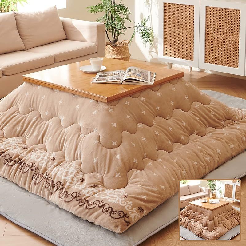 Matdeco こたつ布団 正方形 こたつ掛布団 210×250cm リバーシブル あったか コタツ布団 フランネル生地 蓄熱わた使用 厚手 マイクロファイバー 冬用 保温性 ふわふわ 両面使える 抗菌 防臭 静電気防止 北欧 シックレース ベージュ