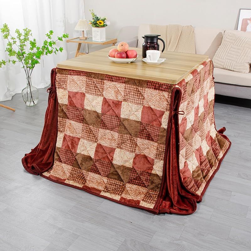 JEMA ハイタイプ こたつ布団 単品 ダイニングこたつ布団 テーブル用こたつ布団 ダイニングコタツ布団 省スペース 正方形 掛け布団 こたつ掛け布団 吸湿発熱 洗える ふわふわ感触 フランネル素材 約240x240cm チエック レッド