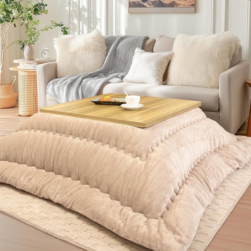 JEMAジェマ こたつ布団 正方形 大判 こたつふとん 単品 こたつ用布団 あったか こたつ掛け布団 厚手 フランネル リバーシブル 両面使える ふわふわ ぽかぽか ぬくぬく 冬用 洗える 毛抜けない ライトベージュ 205x205cm