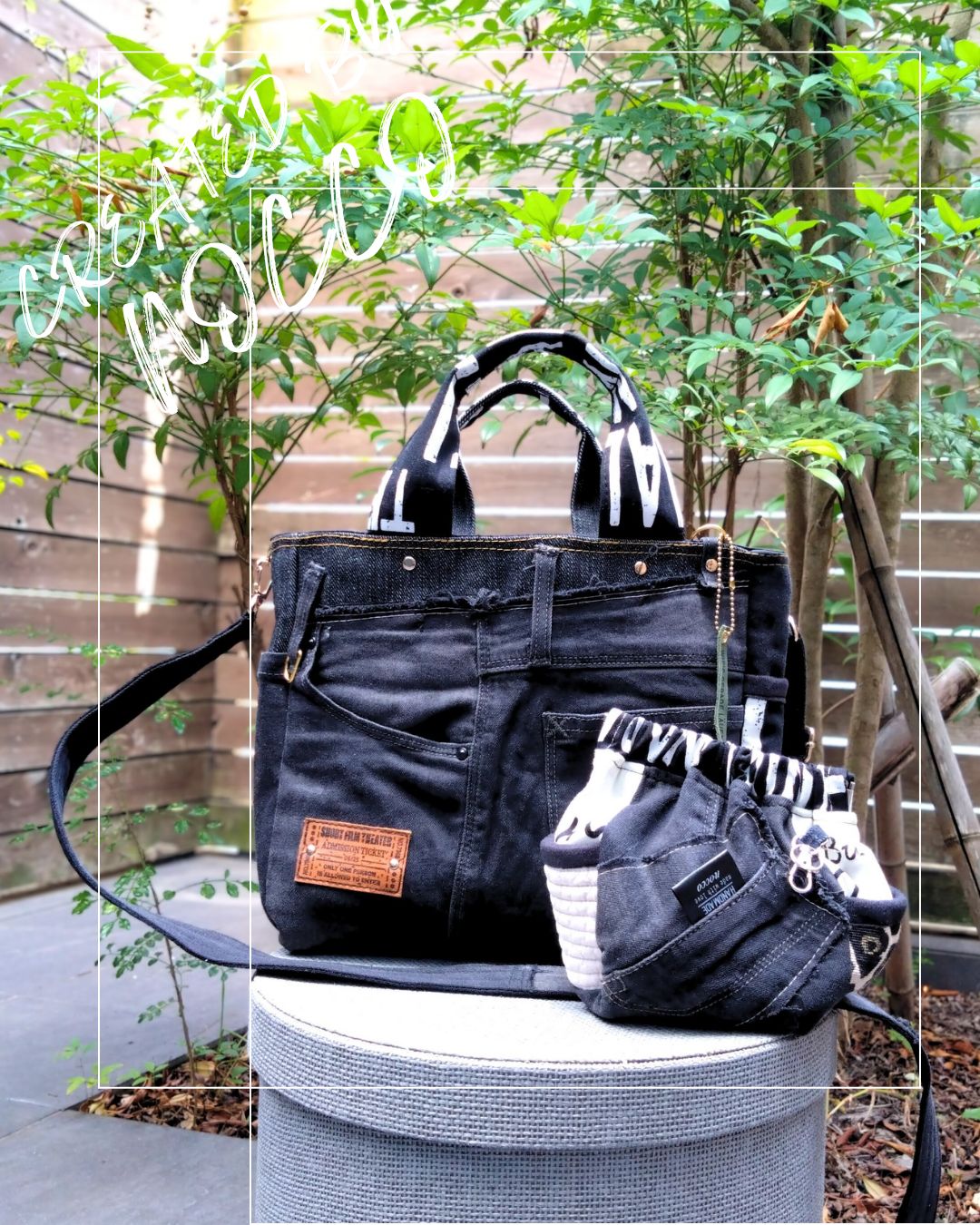 3点セット ️№787 黒DENIM 中仕切り サイドポケット付 ToteBAG⚮̈ お揃いポーチ 紐3点セット ️デニムリメイクトートバッグ モノトーン マザーズバッグ