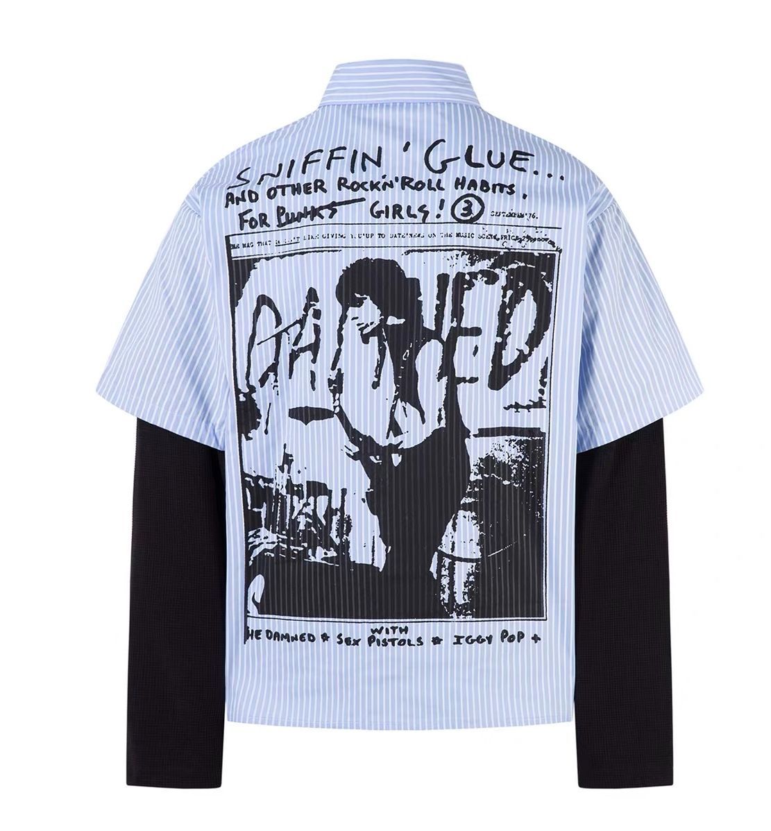 h ヴィンテージ風 キャラクター柄 切替 偽二枚重ね 長袖シャツ ユニセックス メンズ レディース 春秋 アメリカンストリート