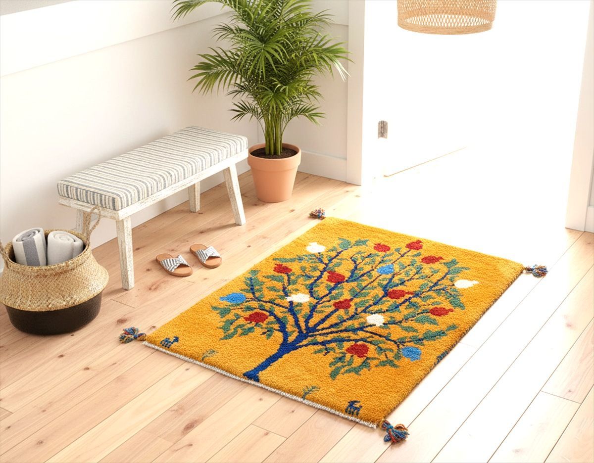 ペルシャ ギャッベ 玄関マット ラグ 85x60㎝ 黄金色 ザクロの木 RJ16507