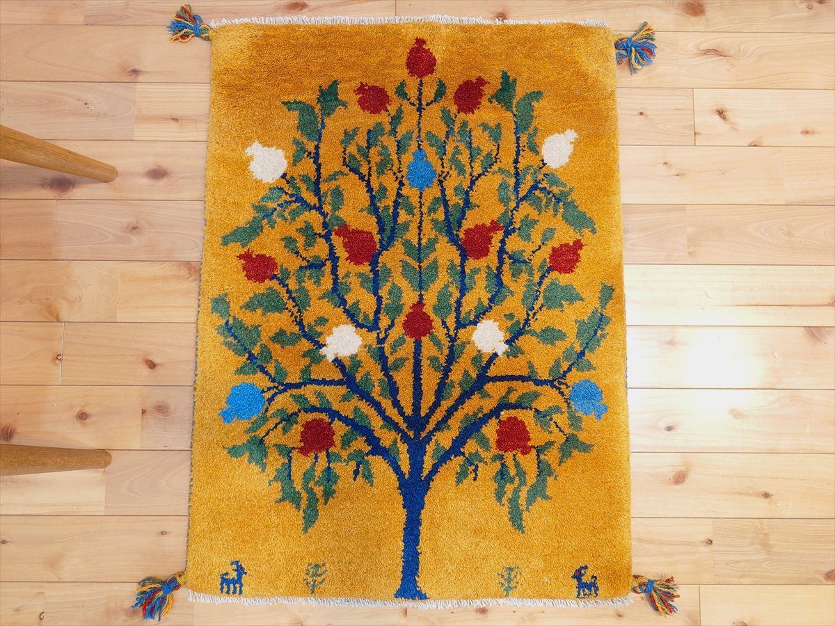 日本製 ペルシャ ギャッベ 玄関マット ラグ 85x60㎝ 黄金色 ザクロの木 RJ16507