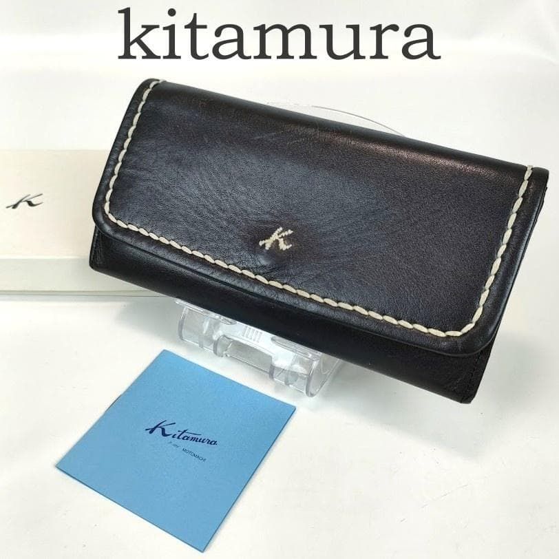 kitamura キタムラ レザー 長財布 ステッチ 二つ折り ネイビー 紺 財布