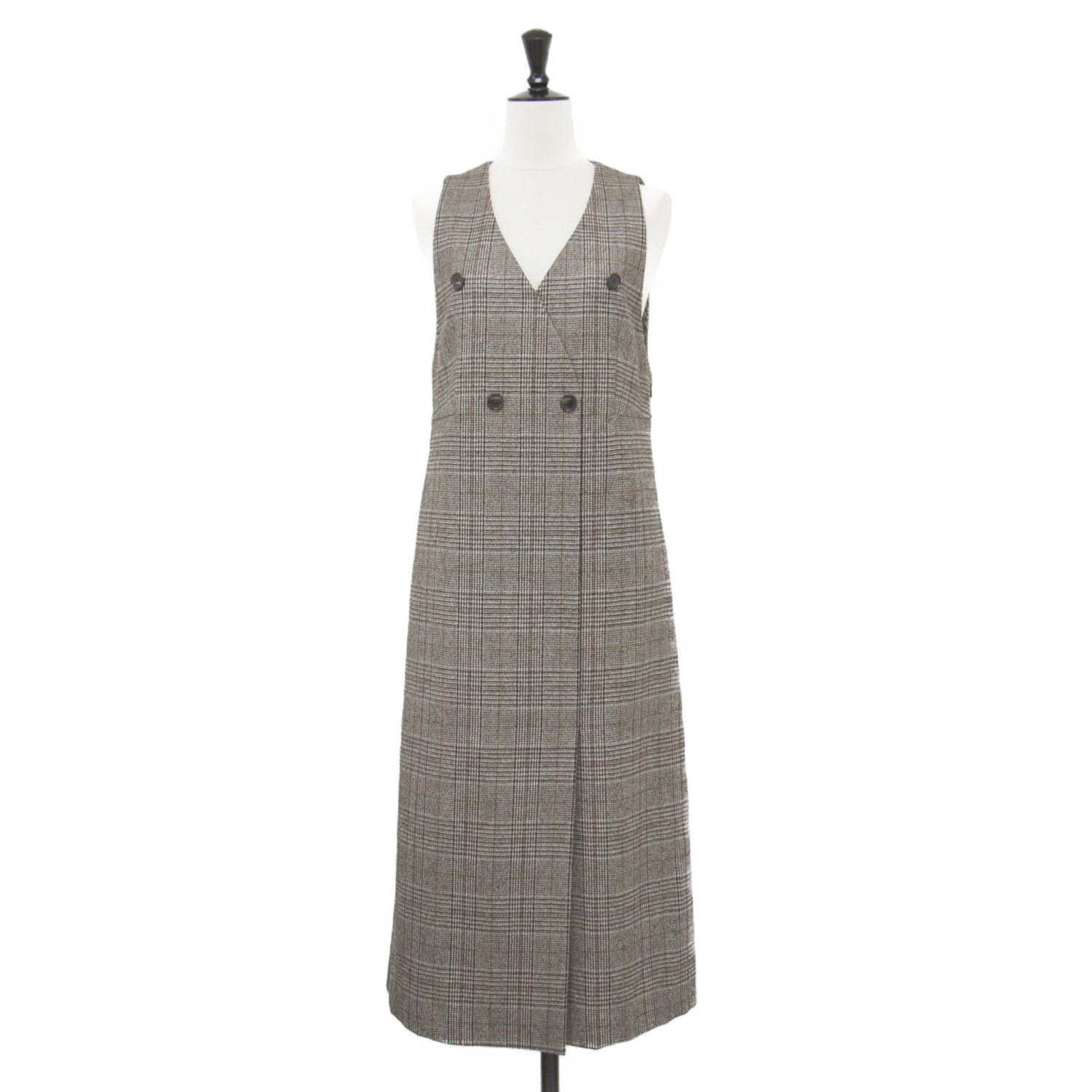 TOMORROWLAND collection トゥモローランド ワンピース ブラウン系 サイズ 36 9号 22秋冬 シック グレンチェック カシュクール ジャンパースカート ワンピース ノースリーブ Vネック ロング レディース