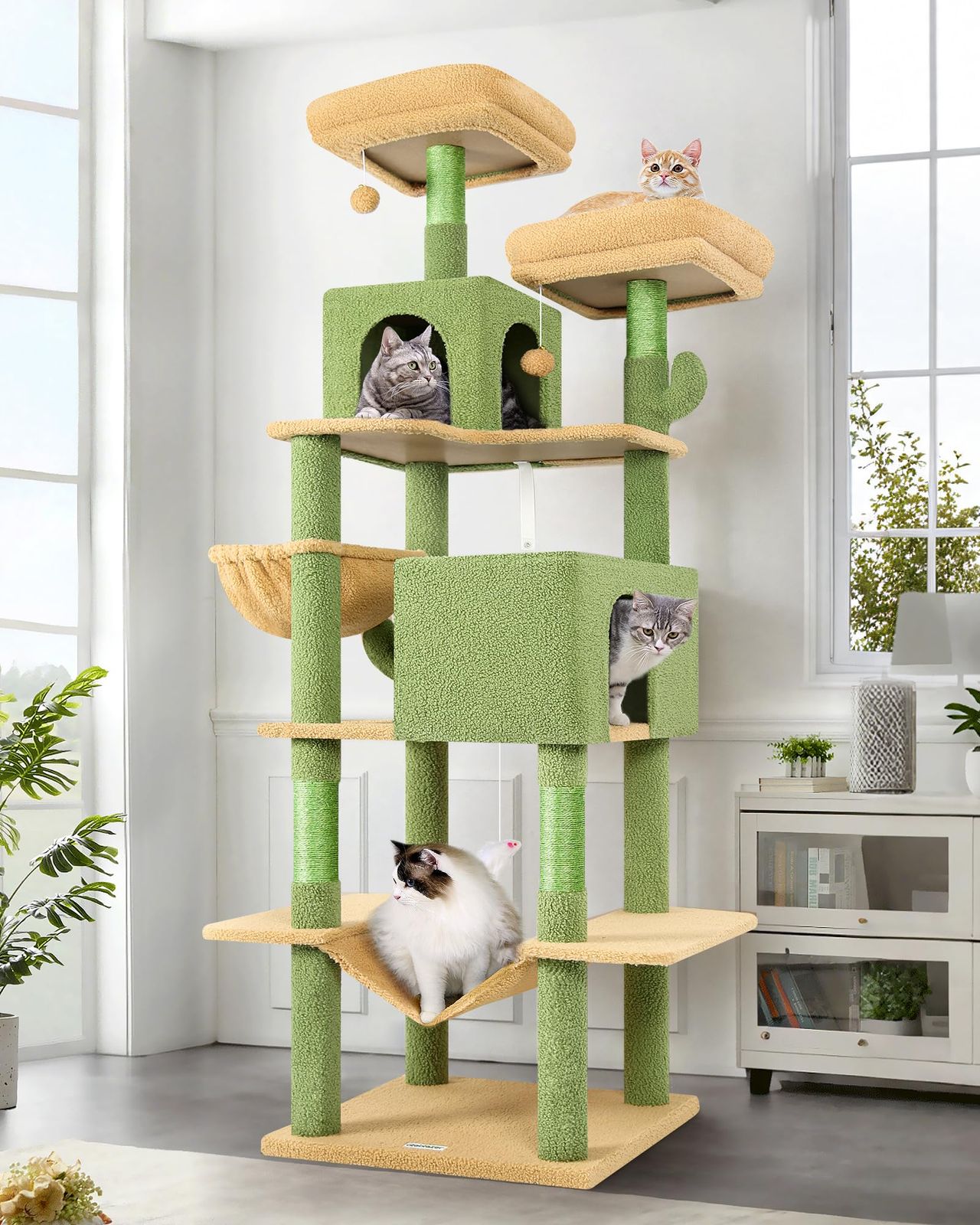 Globlazer キャットタワー サボテン 猫タワー 大型猫用 おしゃれ 多頭飼い 猫ハウス 猫家具 据え置き型 広いベッド ハウス 隠れ家 大型見おろし展望台 ハンモック おもちゃ 爪とぎポール 爪研ぎ 天然麻紐 おもちゃ ポンポン 巨大台座