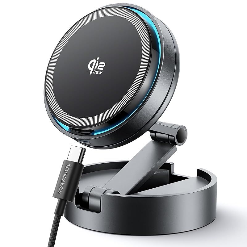 THREEKEY Qi2 25W認定 magsafe車載充電器 スマホホルダー 車 急速充電 冷却ファン付き 両面マグネットワイヤレス充電器 360°回転 高硬度亜鉛合金製の延長サポートアーム N52超強力磁石 LEDライト iPhone 17 0