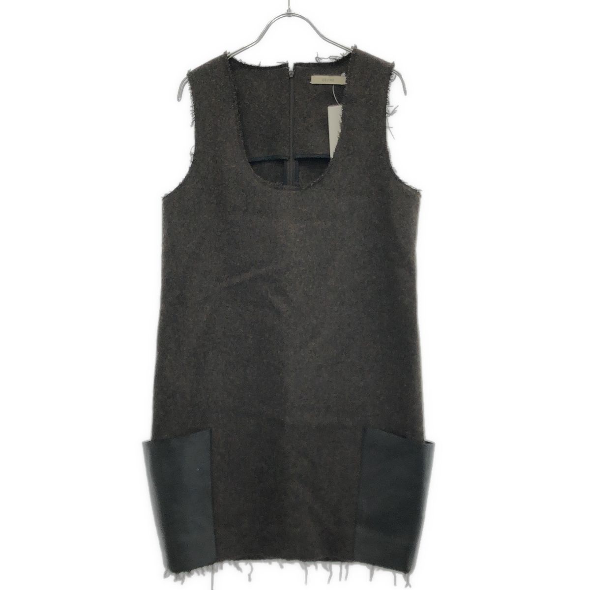 CELINE by Phoebe Philo セリーヌ フィービーファイロ レザーポケット メルトンウールドレスワンピース 26F752914 ブラウン 40