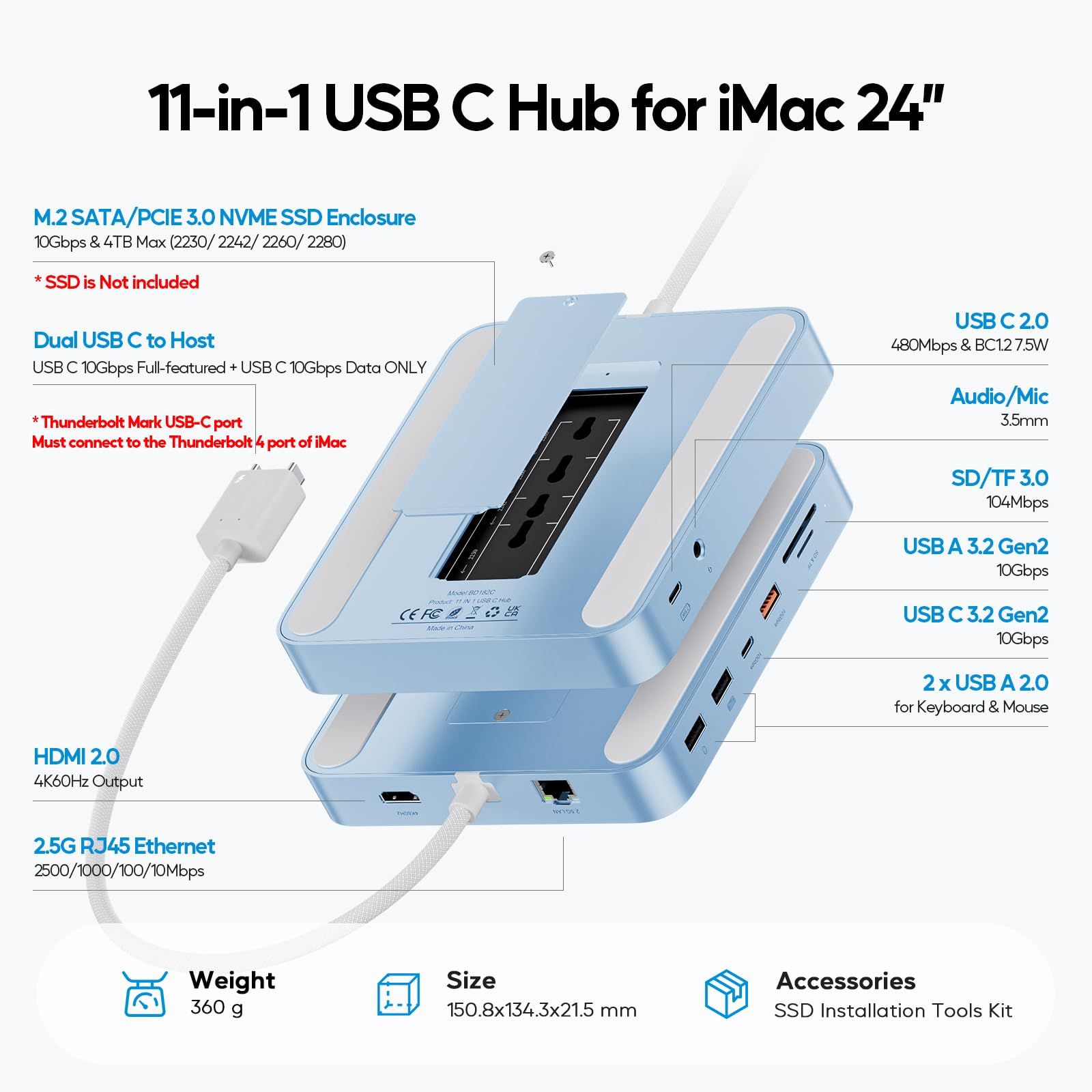 11 in 1 USB C ハブ iMac 24インチ 2021 2025 2025用 iMac M1 M3 M4 USB Hub ハブ HDMI 4K 2.5G イーサネット M.2 SSD拡張 SSD含まない USB-C A