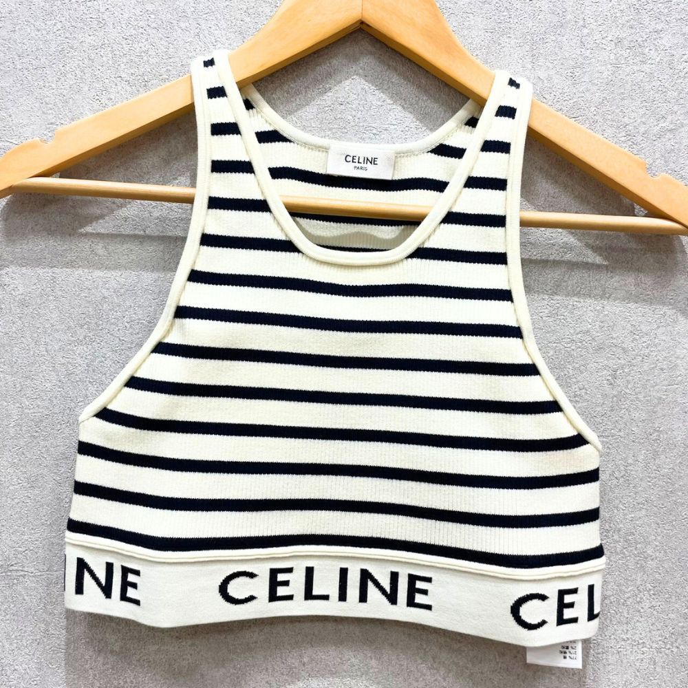 玉津店 CELINE セリーヌ ボーダー リブ タンクトップ ブラトップ ホワイト×ネイビー Mサイズ TA2500643