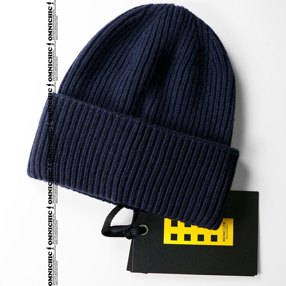  23-24 AW 安心の 47 300円 MONCLER GENIUS PALM ANGELS モンクレール パーム エンジェルス ワッペン ロゴ ウール リブ ニット ネイビー キャップ 紺 ジーニアス ニット帽 ビーニー 帽子