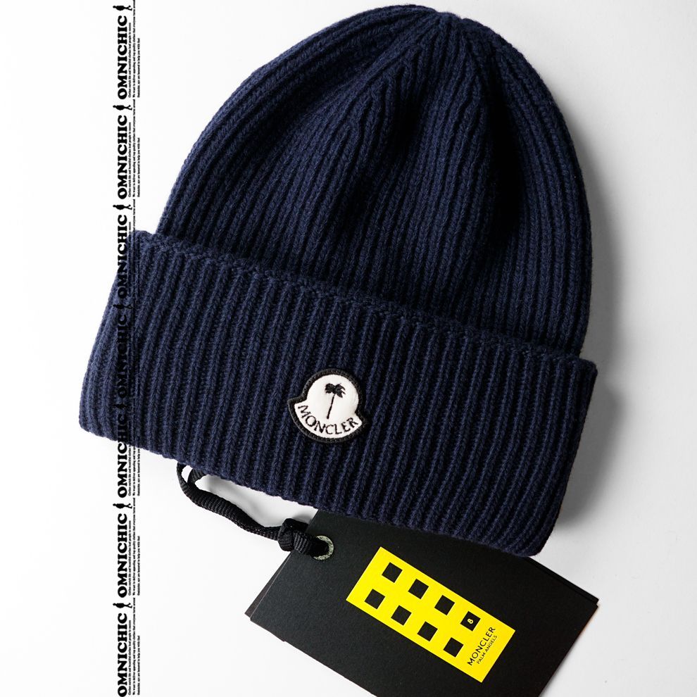 23-24 AW 安心の 47 300円 MONCLER GENIUS PALM ANGELS モンクレール パーム エンジェルス ワッペン ロゴ ウール リブ ニット ネイビー キャップ 紺 ジーニアス