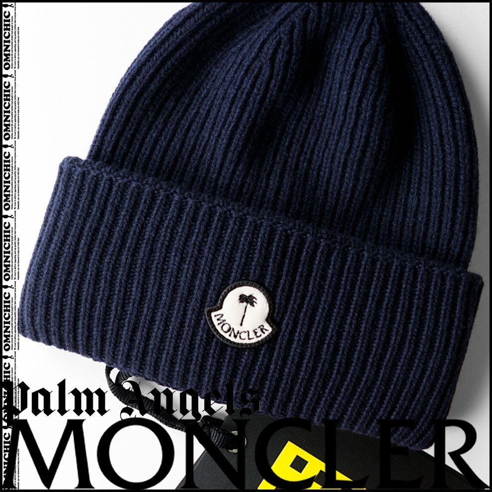 23-24AW 安心の 47 300円 MONCLER GENIUS PALM ANGELS モンクレール パーム エンジェルス ワッペン ロゴ ウール リブ ニット ネイビー キャップ 紺 ジーニアス