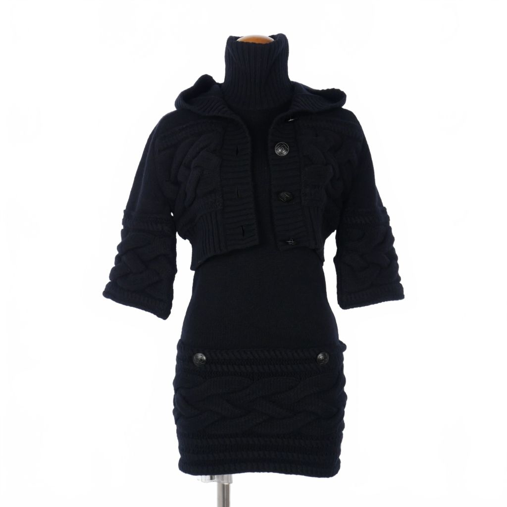 シャネル CHANEL スポーツライン 2007AW 2ピース カシミヤ混 クロップド ニット パーカー ワンピース カーディガン セーター 黒 ブラック P31557K00551 94305