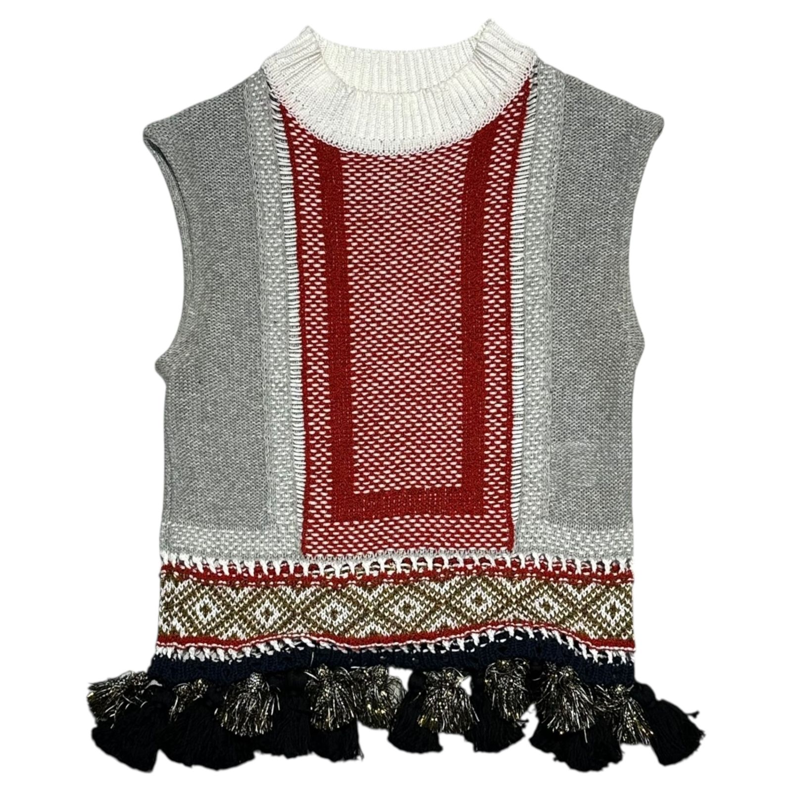 mame kurogouchi マメクロゴウチ 18SS Ethnic Pattern Sleeveless Fringe Knit エスニック柄 ノースリーブ フリンジ ニット MM18SS-KN053 1 グレー×レッド ベスト