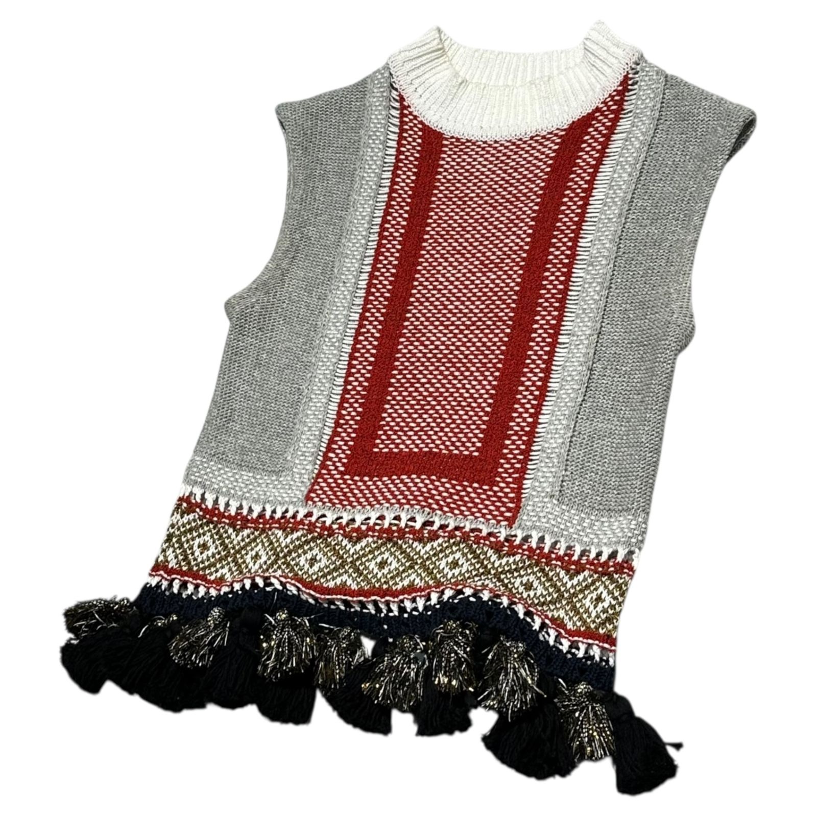 mame kurogouchi マメクロゴウチ 18 SS Ethnic Pattern Sleeveless Fringe Knit エスニック柄 ノースリーブ フリンジ ニット MM SS-KN 053 1 グレー×レッド ベスト