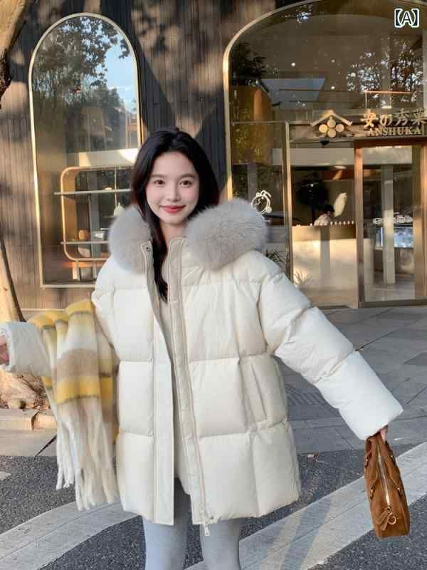 ダウンジャケット レディース フード付き 白ダックダウン アウター 冬 暖かい 中厚手 ポリエステル 狐毛ファー付き 取り外し ポケット