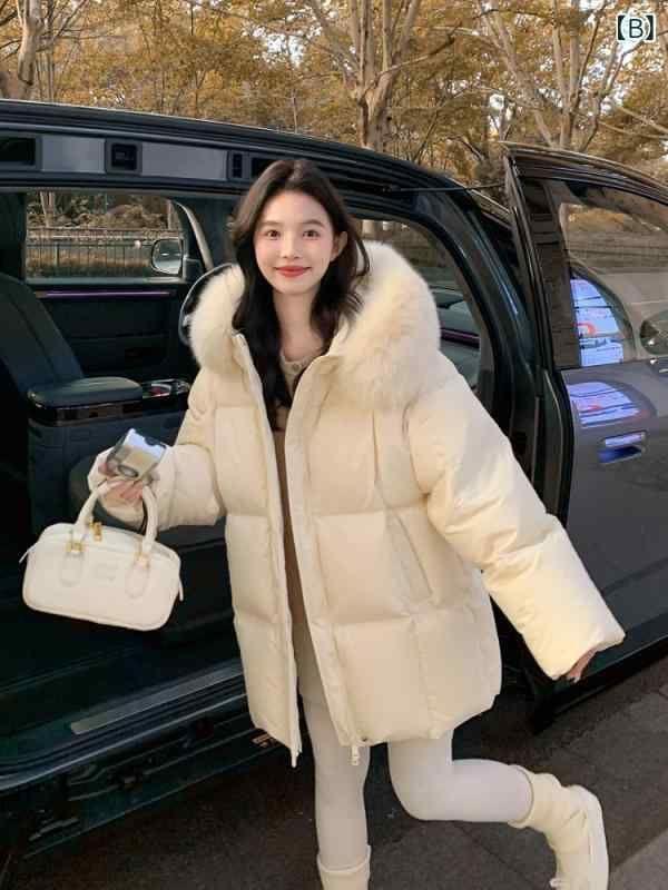 ダウンジャケット レディース フード付き 白ダックダウン アウター 冬 暖かい 中厚手 ポリエステル 狐毛ファー付き 取り外し ポケット GULLKHAN_COM