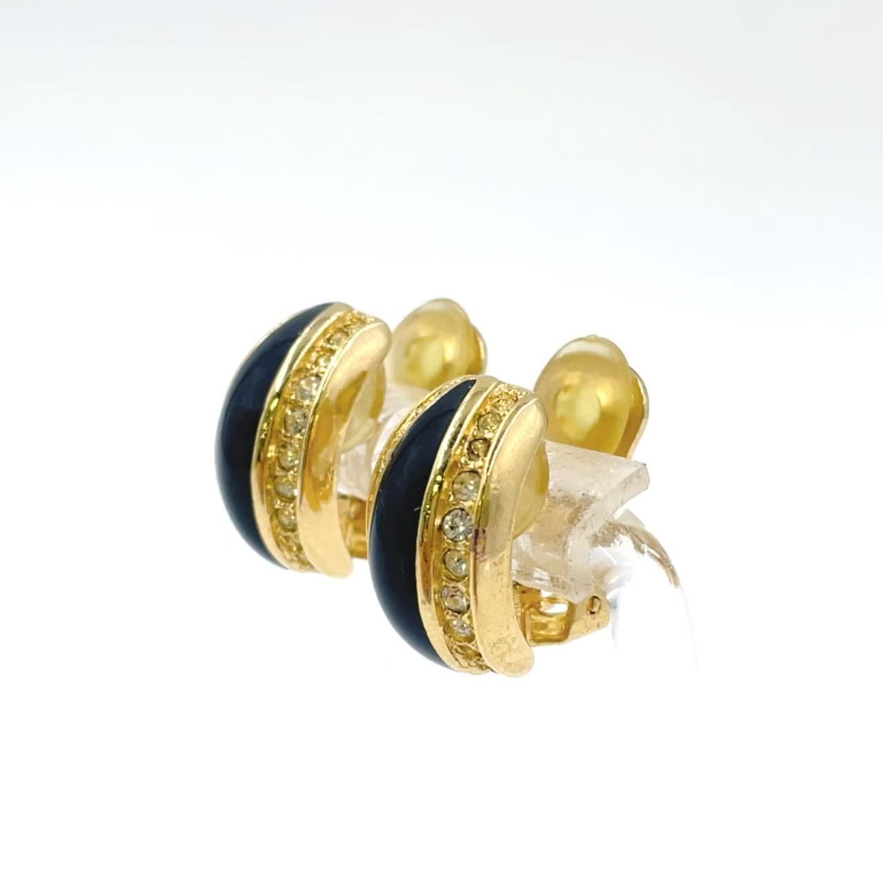 Christian Dior GP×ラインストーン ブラック イヤリング ゴールド