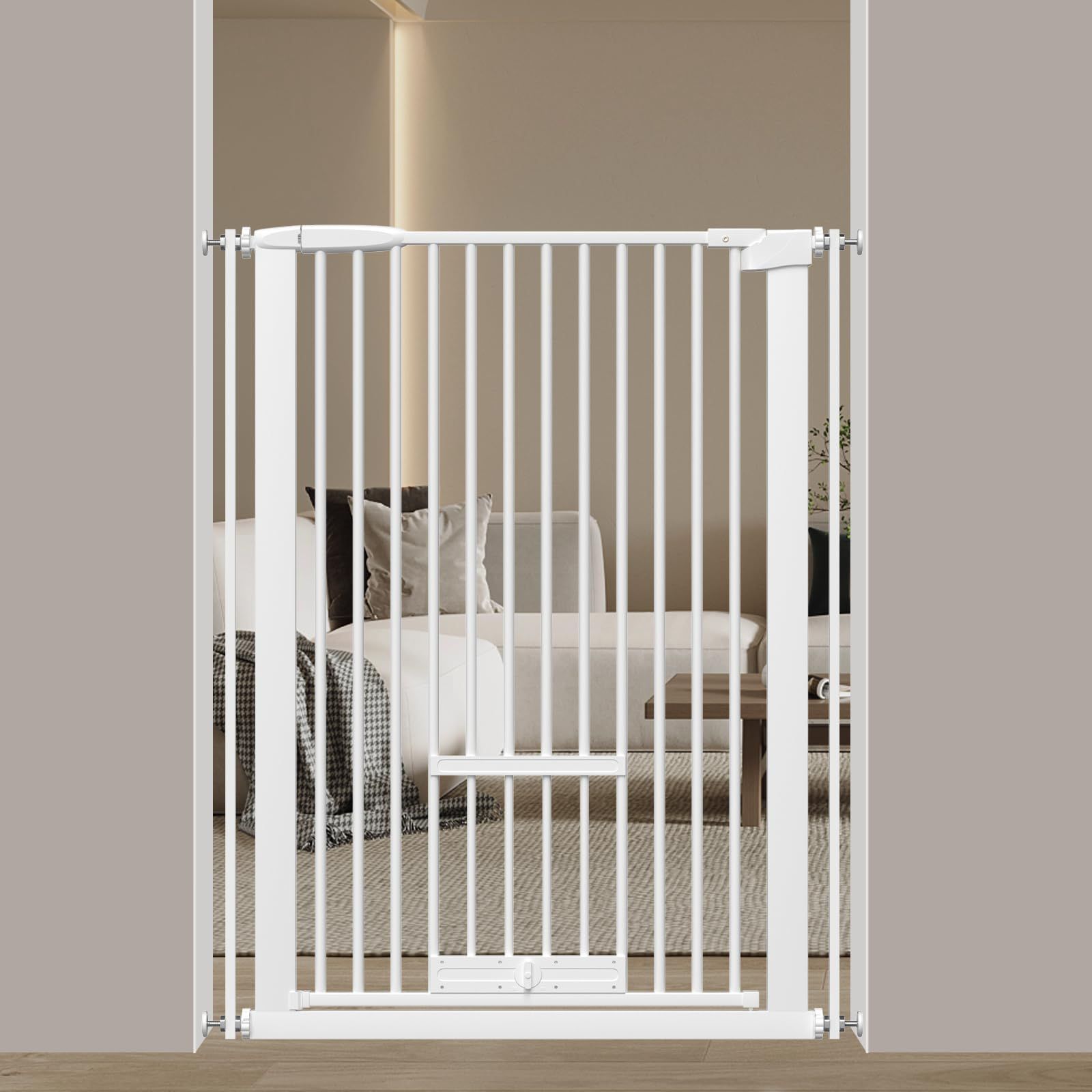 高さ103㎝ 間隔3 ㎝ ベビーゲート ペットゲート ドア付き 猫すり抜け防止 ペットゲート 飛び越え防止ゲート 猫ドア付きゲート Seogva 過密フレーム付き ホワイト 62-71cm