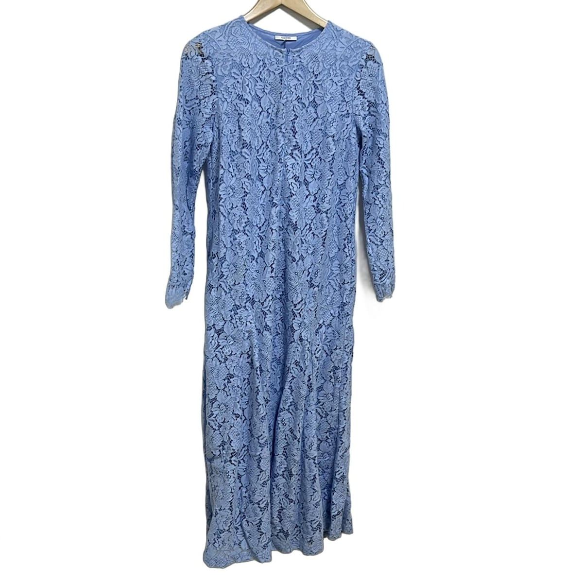 GANNI ガニー ワンピース サイズ34 S レディース - ブルー クルーネック 長袖 ロング レース 花柄
