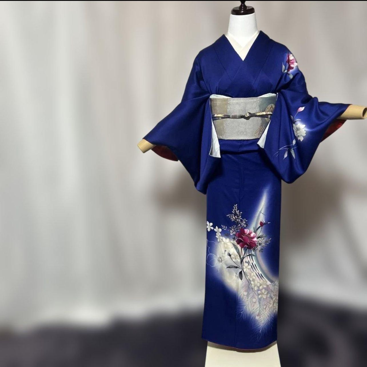 未使用近い 美品 袷 正絹 訪問着 フルセット 鉄紺色 西陣唐織銀箔袋帯