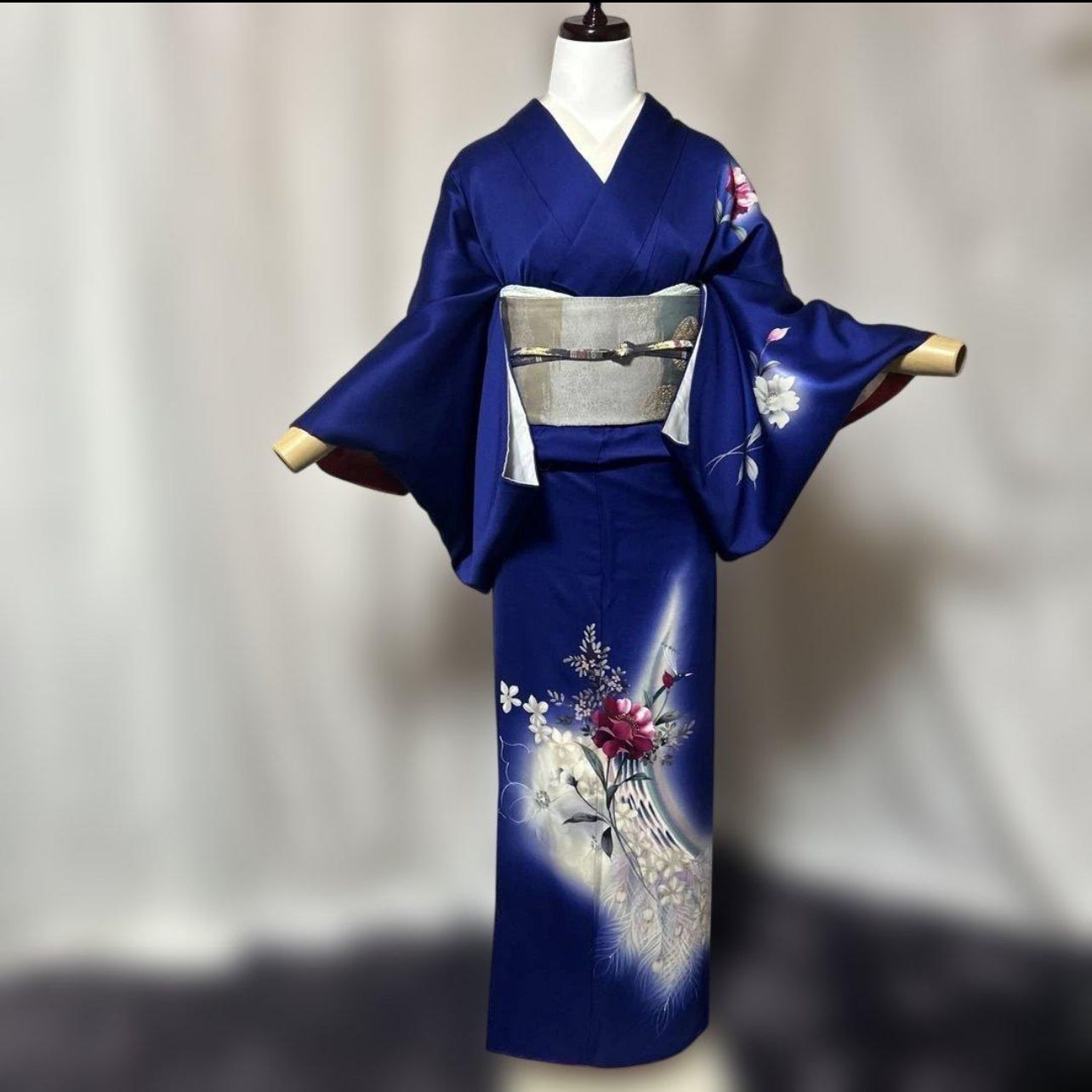 未使用近い 美品 袷 正絹 訪問着 フルセット 鉄紺色 西陣唐織銀箔袋帯