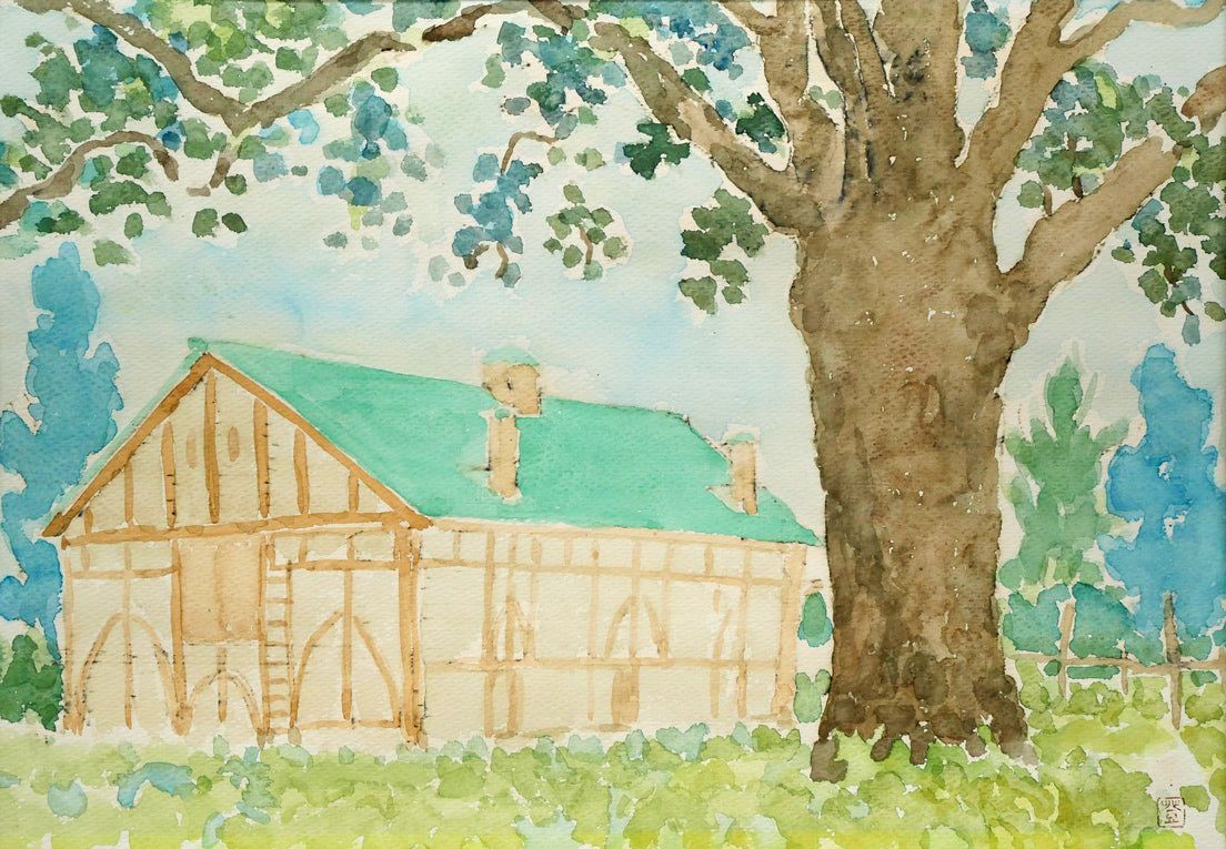 国松 登 北大第二農場 種牛舎 水彩画 4号 国画会会員 全道展創立会員 北海道文化賞 独自の心象世界 小竹美術