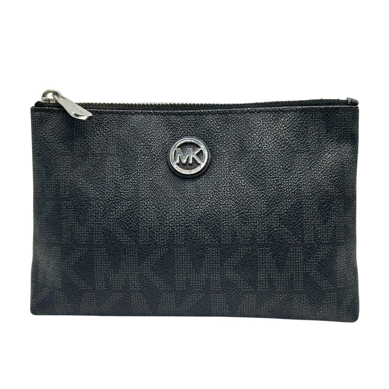 級 マイケルコース シグネチャー ポーチ ブラック PVC MKロゴプレート 化粧ポーチ コスメポーチ 小物入れ トラベルポーチ 総柄 レディース MICHAEL KORS エレガント スタイリッシュ トップジップ w2