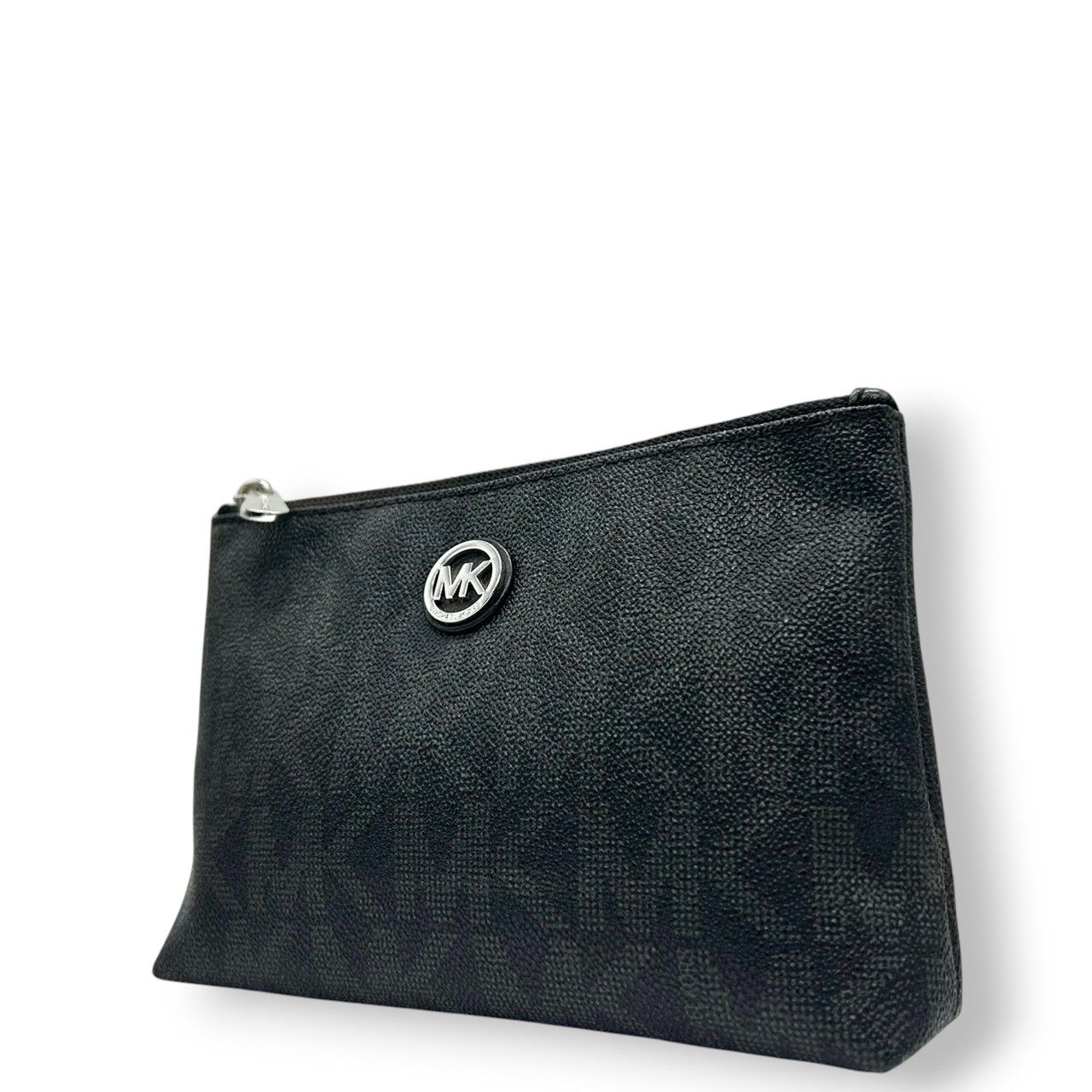 級 マイケルコース シグネチャー ポーチ ブラック PVC MKロゴプレート 化粧ポーチ コスメポーチ 小物入れ トラベルポーチ 総柄 レディース MICHAEL KORS エレガント スタイリッシュ トップジップ w2