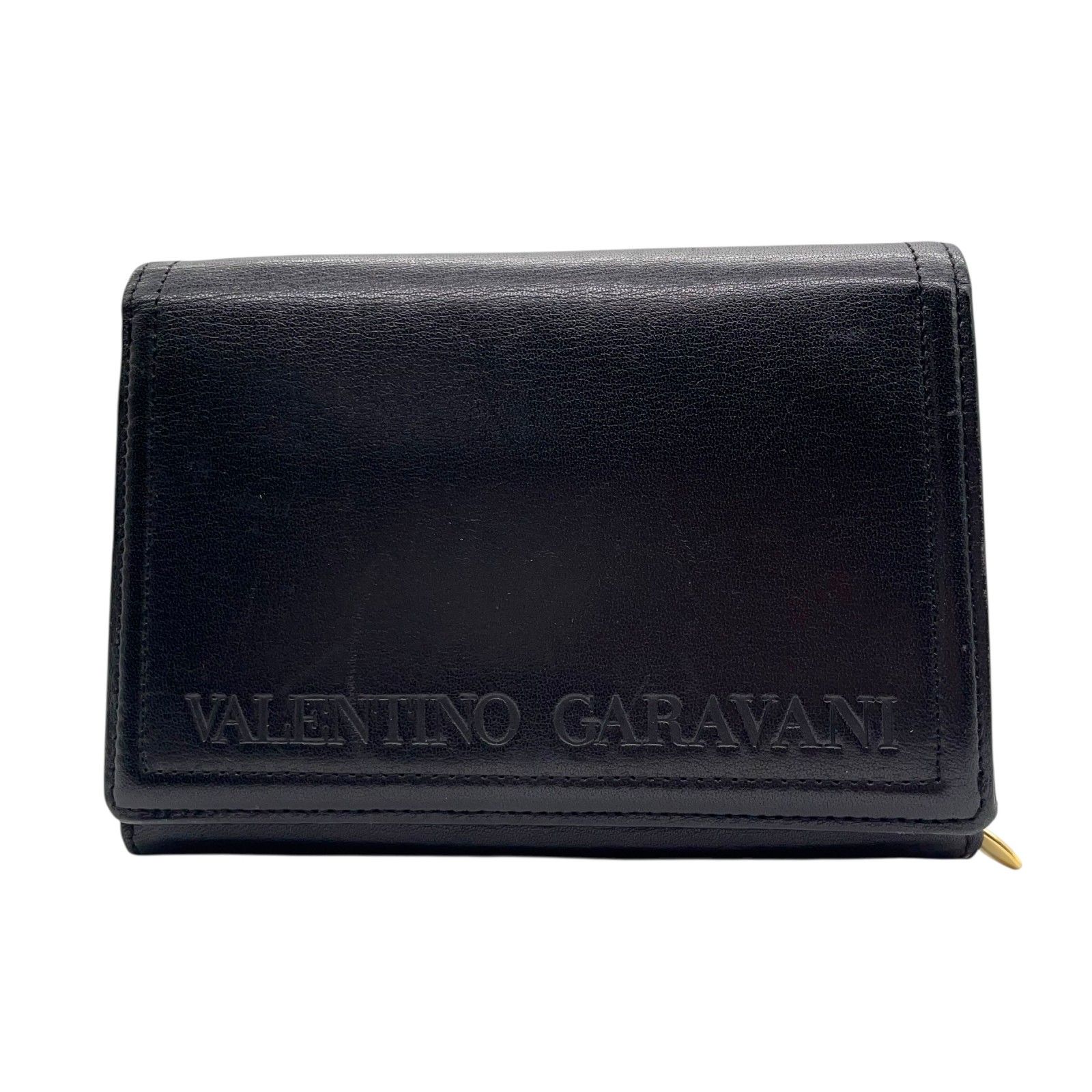 ヴァレンティノ ガラヴァーニ VALENTINO GARAVANI レザー 二つ折り財布 黒 ブラック ロゴ刻印 ゴールド金具 金金具 ヴィンテージ メンズ レディース W4