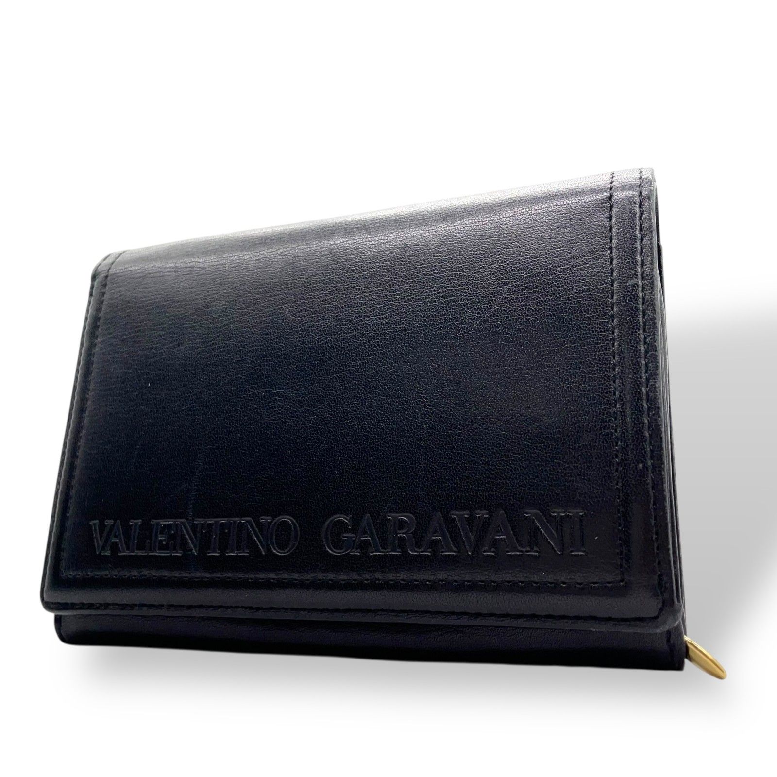 ヴァレンティノ ガラヴァーニ レザー 二つ折り財布 黒 ブラック ロゴ刻印 ゴールド金具 金金具 ヴィンテージ メンズ レディース W 4