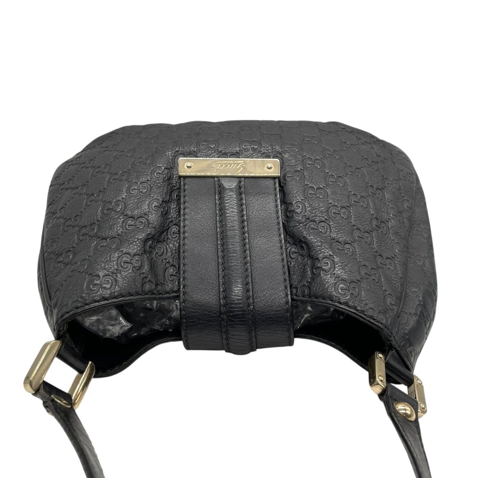 美品✨グッチ ワンショルダー ホーボー ロゴ金具 肩掛け オールレザー ブラック GUCCI】ワンショルダーバッグ 黒 オールレザー ロゴ型押し 銀