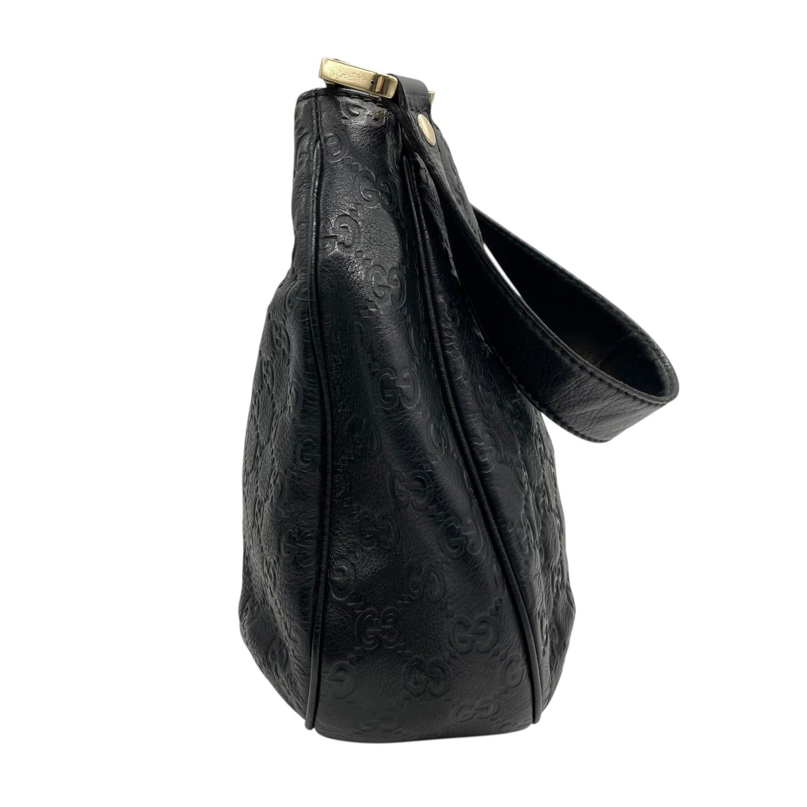 美品✨グッチ ワンショルダー ホーボー ロゴ金具 肩掛け オールレザー ブラック GUCCI】ワンショルダーバッグ 黒 オールレザー ロゴ型押し 銀