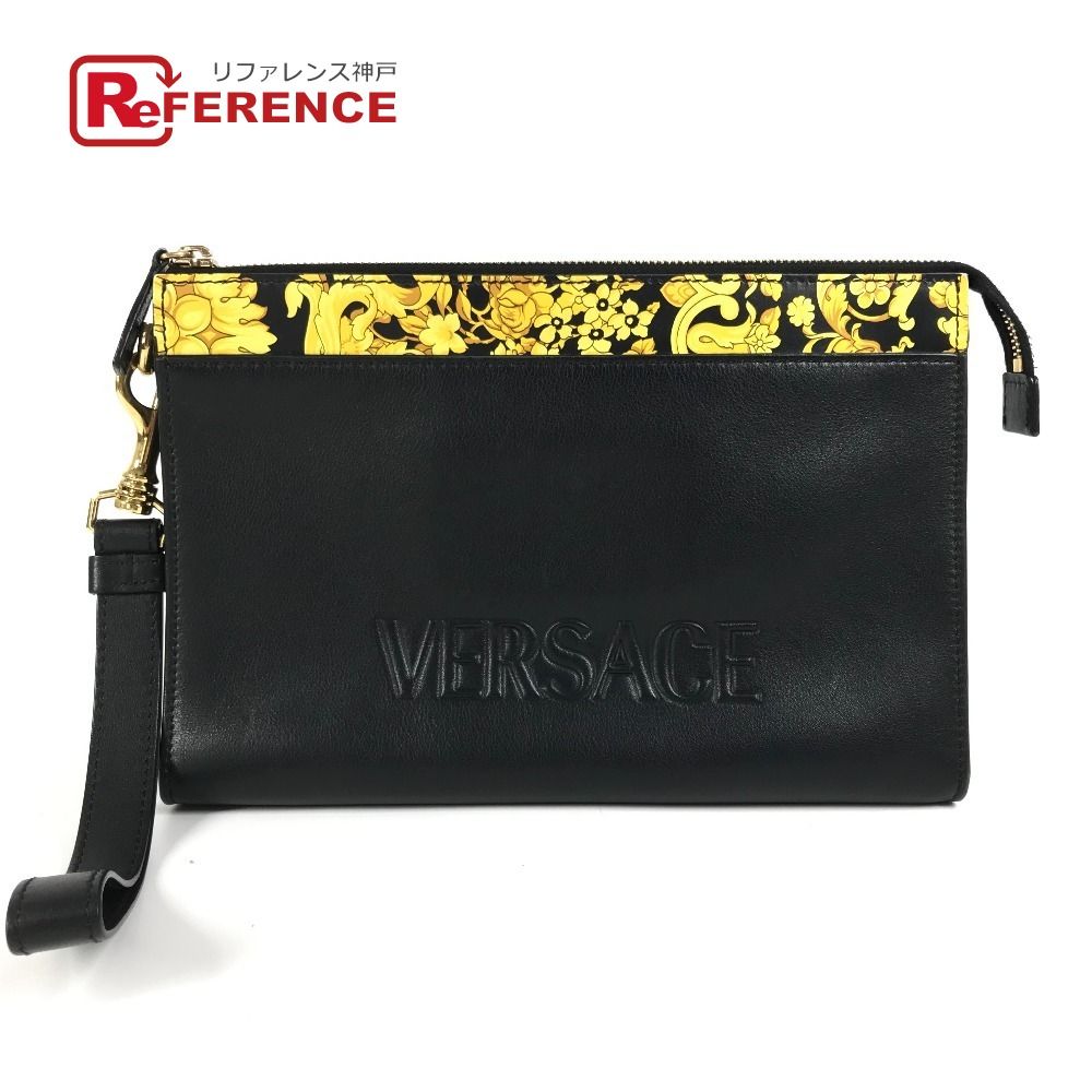 VERSACE ヴェルサーチ クラッチバッグ ロゴ レザー ブラック - メルカリ
