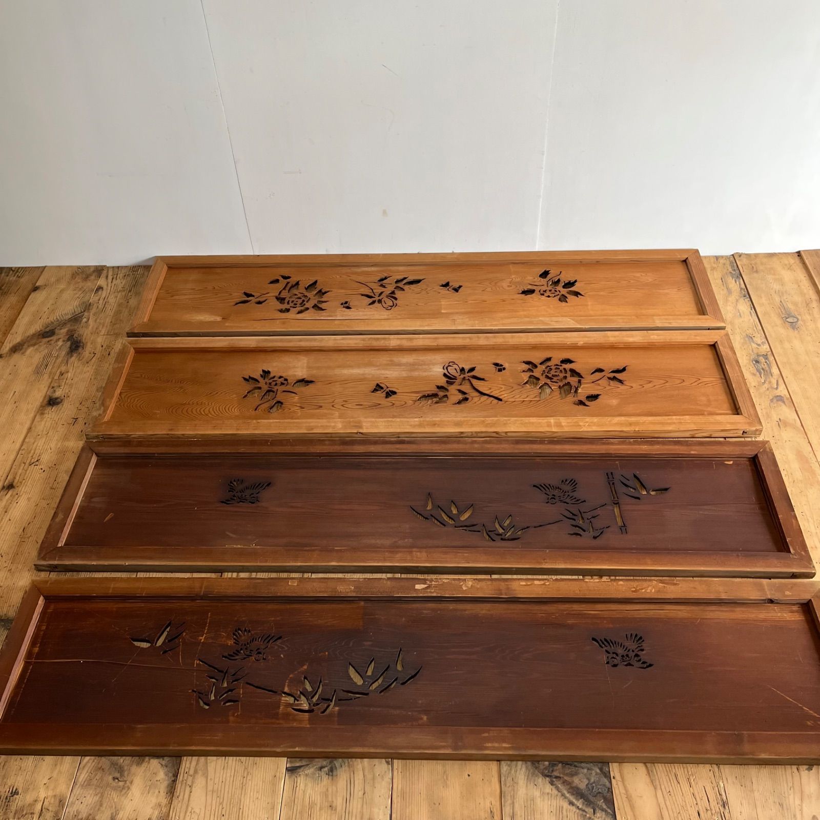 4枚セット アンティーク 欄間 木彫り 古建具 古民家 リノベーション z974 4枚セット アンティーク 欄間 木彫り 古建具 古民家 リノベーション