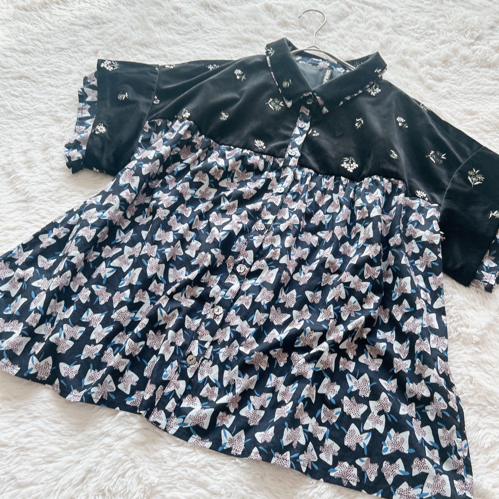 フラボア FRAPBOIS ベロア 刺繍 エルダーフラワー ブラウス 半袖