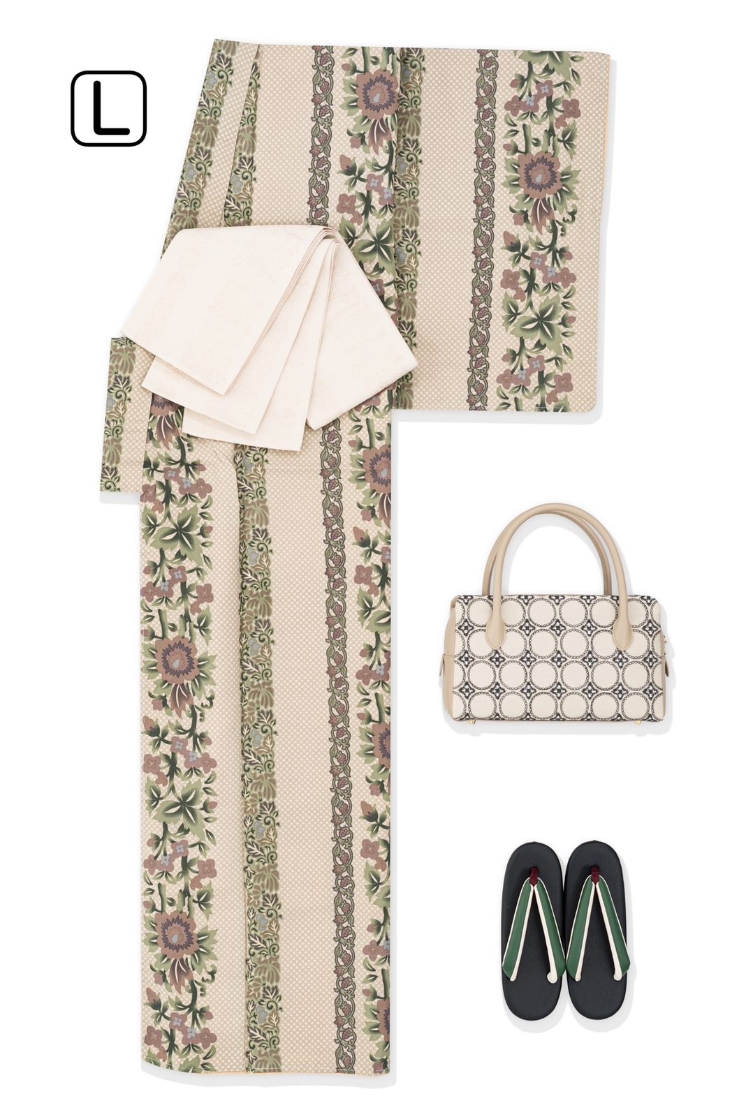 L 袷 洗える着物 ドット花ライン ベージュ