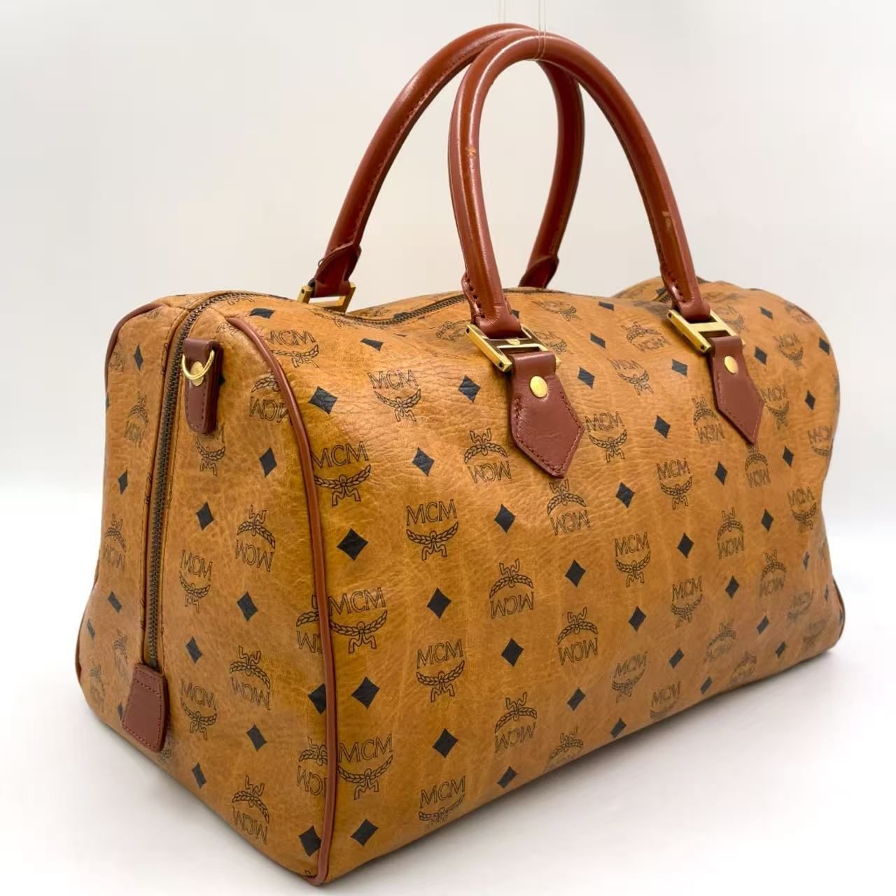 MCM ロゴグラム ハンドバッグ PVC ブラウン ボストンバッグ ゴールド