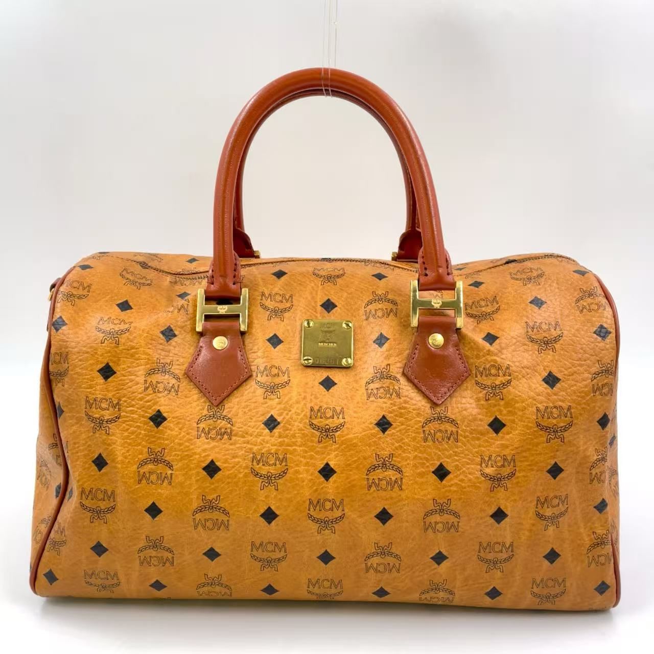 MCM ロゴグラム ハンドバッグ PVC ブラウン ボストンバッグ ゴールド