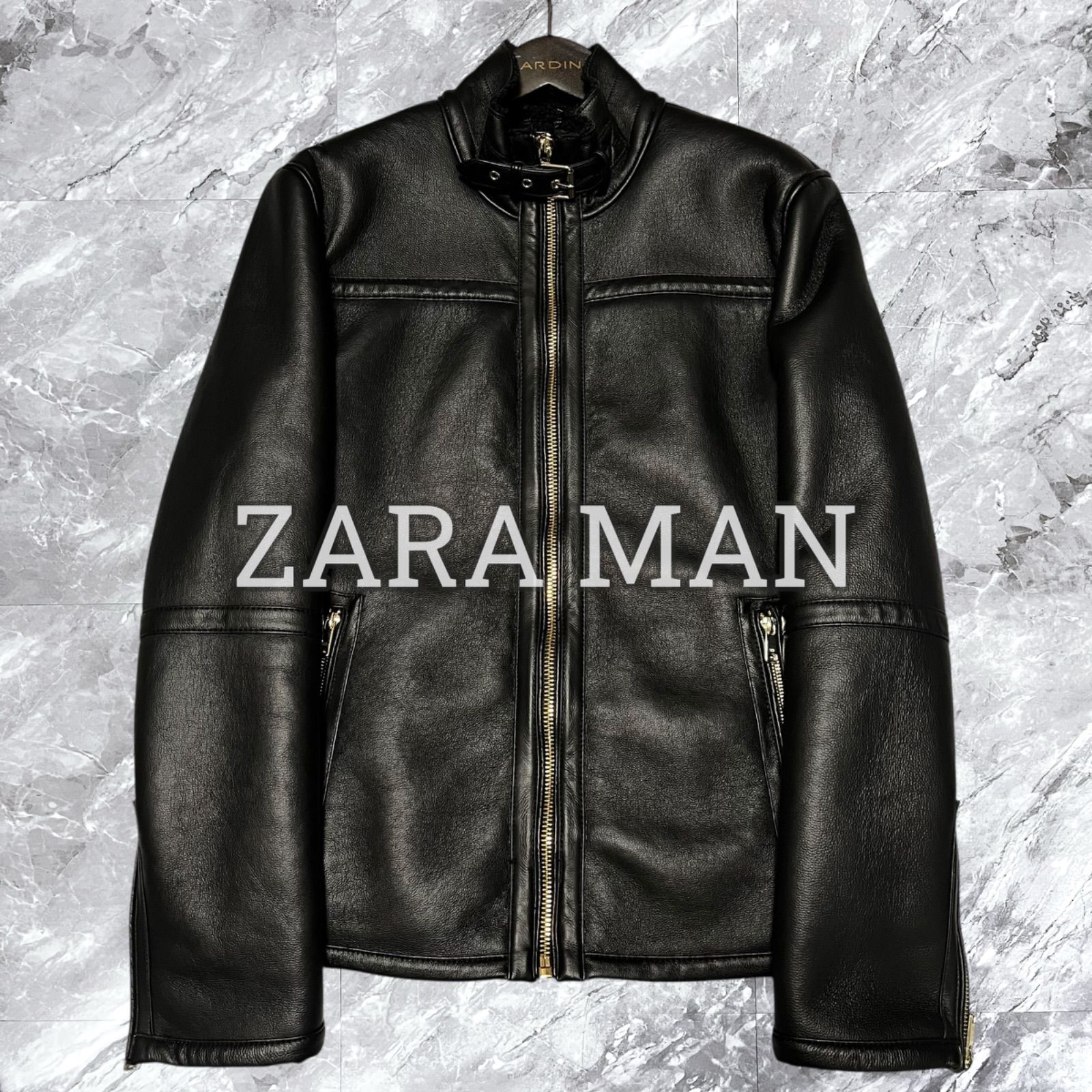 級 ZARA MAN ザラマン フェイクムートンジャケット シングルライダース ゴールド金具 ボア ブラック 黒色 サイズM