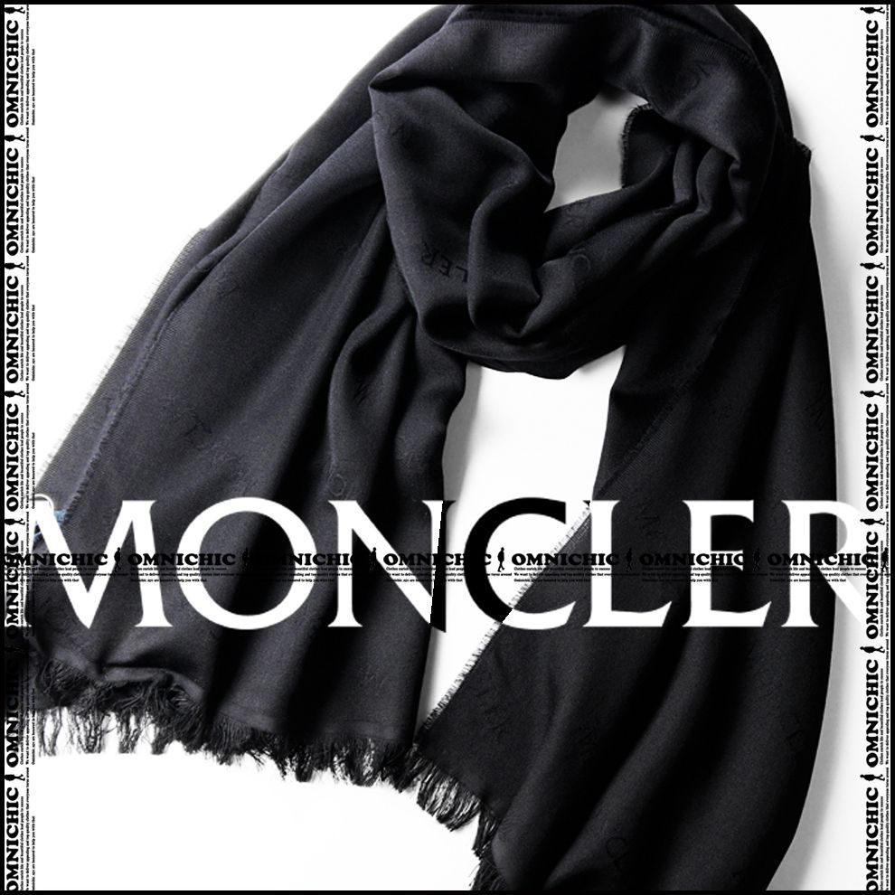 贅沢 大判 シルク 200cm 全面 モノグラム ロゴ MONCLER モンクレール 抜群の 感 シルク ウール ブラック ストール 200cm × 69cm マフラー