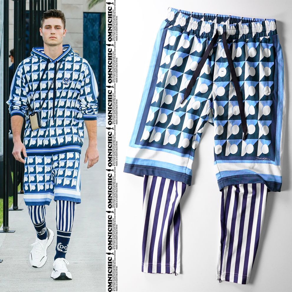 21 SS モデル 11万 DOLCE-GABBANA マジョリカ ストライプ プリント DG ワッペン ロゴ パッチ レイヤード ジョガー パンツ 48 ドルチェガッバーナ