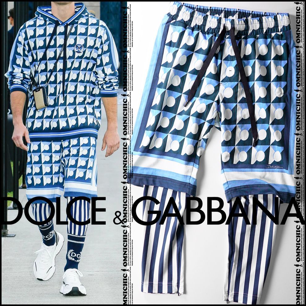 21SS モデル 11万 DOLCE-GABBANA マジョリカ ストライプ プリント DG ワッペン ロゴ パッチ レイヤード ジョガー パンツ 48 ドルチェガッバーナ