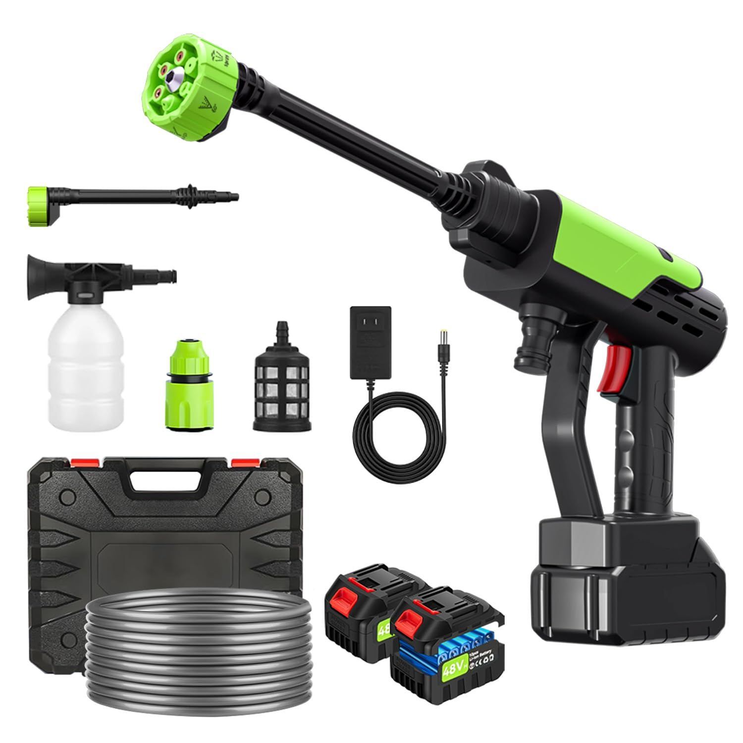 Leymibor 高圧洗浄機 コードレス 充電式 高圧洗車機 バッテリー式 最大吐出圧力10MPa高圧洗浄機 6in1 コードレス 48V 20000mAh大容量バッテリ2個 持ち運び便利 ノズル付き 自動吸水 洗車 エアコン 庭 花園用 階段