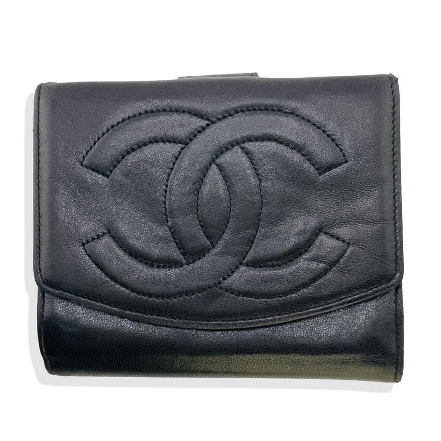 CHANEL 二つ折り財布 デカココマーク ロゴ入り ラムレザー ブラック CHANEL 二つ折り財布 デカココマーク ロゴ入り 黒 ギャランティカード
