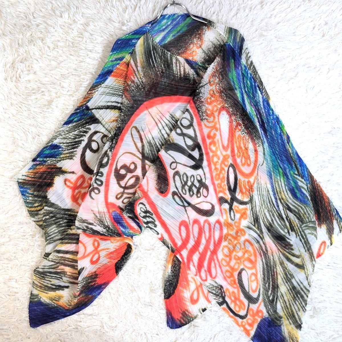 PLEATS PLEASE ISSEY MIYAKE プリーツプリーズイッセイミヤケ FLAME MADAM-T ポンチョ アート 総柄 ケープ マント 和柄 フリーサイズ 三宅一生