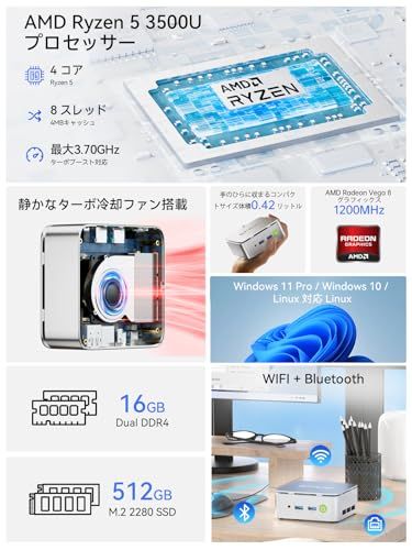 ミニPC Ryzen 5 3500U搭載 N150より速い GMKtec G10 mini pc 動作より安定最大3.7GHz 4コア8スレッド DDR4 16GB 512GB M.2 NVMe SSD 8TB拡大 WiFi5 BT5.0 2.5G Lki