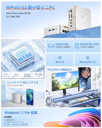 NiPoGi ミニpc Intel N150初登場 mini pc Windows11 Pro 4C4T 最大3.60GHz 動作より高速 WiFi6 ミニパソコン 8GB 256GB SSD 2TB拡大可 HDMI2.0 DP1.4 4K 60Hz 2画ki