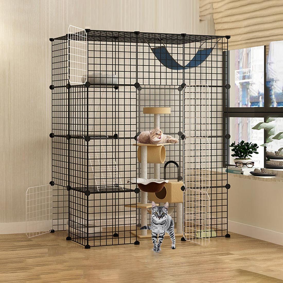 Gguwug 猫用ケージ 大型 4階層 猫のゲージ 室内用 多頭飼い キャットケージ ドア付き折り畳み式 移動便利 シンプル猫脱走防止フェンス組み立て式 DIY 組え自由ケ棚板ネコ 特大